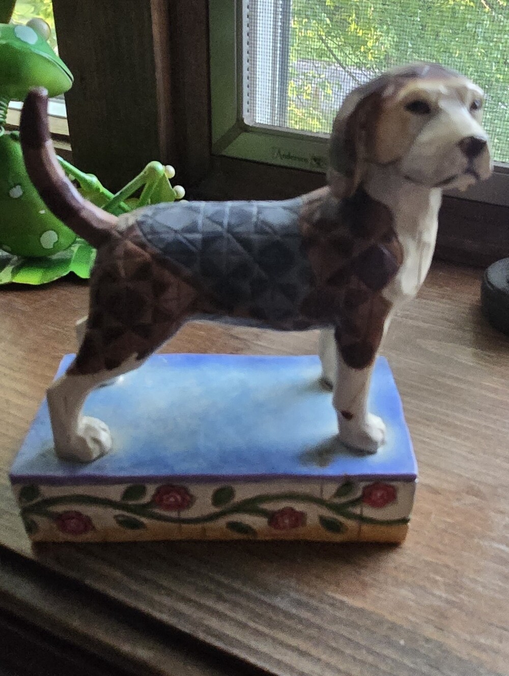 Jim Shore Brown & Gray Quilted Dog Figurine on Floral Base